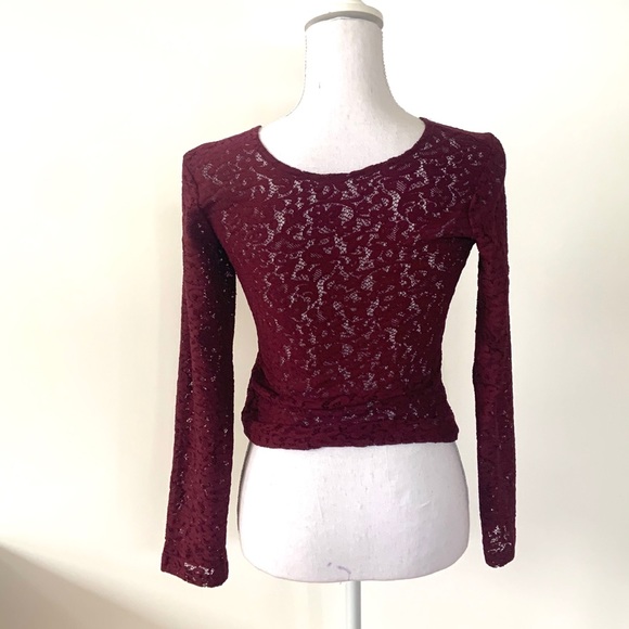 Vintage Maroon Long Sleeve Lace Crop Top M - Picture 5 of 5
